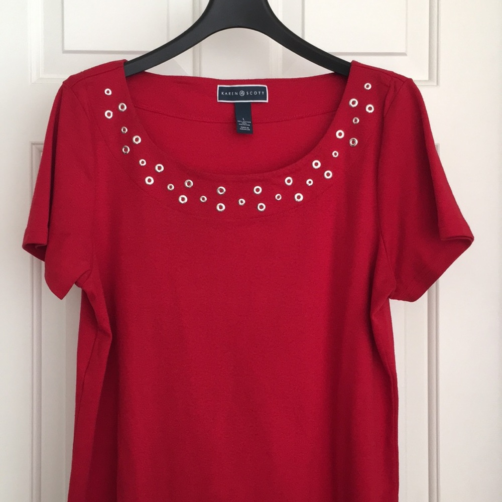 Karen Scott Tee Large Red Short Sleeves Studded Neckline - Picture 2 of 6
